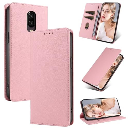 GoodcAcy Handyhülle für OnePlus 6 Hülle Dermis Leder，Premium PU Schutzhülle Klappbar，[RFID Anti-Diebstahl Schutz], Magnetisches Flip Case für OnePlus 6 - Pink