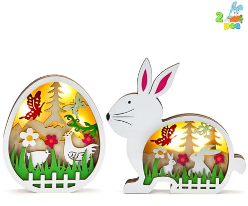 JOYIN Ornamento Pasquale in Legno a LED Decorazione Pulcini di Coniglietto Decorazione Pasquale da Tavolo per la casa Uovo di Pasqua a LED Coniglietto in Legno