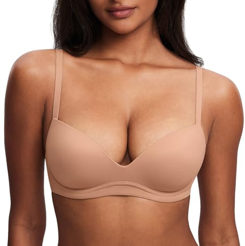 DOBREVA Women's Push Up Bra Plunge Wireless Comfortable T Shirt Padded Bras Barely Buff 34C
