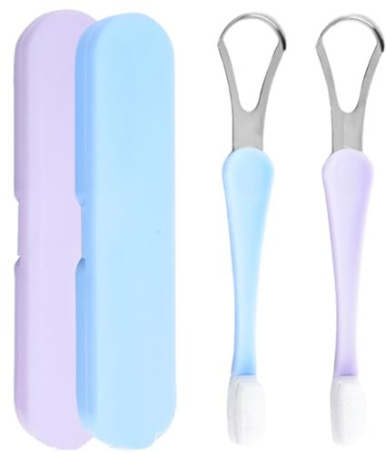 NIOIPXA Set di raschietti per lingua e lingua, con custodia da viaggio, per adulti e bambini, essenziali per l'igiene orale (2 pezzi, blu e viola)