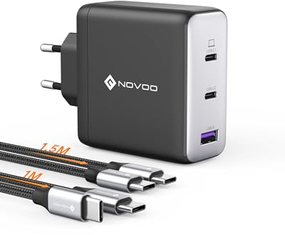 NOVOO Caricabatterie USB C da 120W con 1M cavi PD 100W Type-C, Caricatore compatto PPS GaN III a 3 porte, per MacBook Pro 14'', Dell XPS 13, iPad Pro, iPhone 16, Galaxy S23, Note 20, Apple Watch