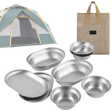 Platos de metal para camping, juego de vajilla de acero inoxidable, platos de servir de camping a prueba de óxido, fiestas de fogata elevan la experiencia gastronómica al aire libre, platos de camping