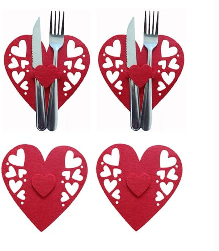 4 Stück Vlies Bestecktasche Tasche Valentinstag Herz Gabel Löffelhalter Küche Geschirr Organizer Tischdekoration Wasserdicht Und Leicht Zu Reinigen
