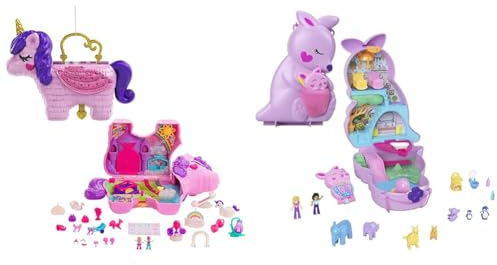 Polly Pocket Einhorn, in Prinzessinnen Schloss Thema & Mama und Joey Känguru Tasche - 2-in-1-Spielset mit Tierkinderzimmer