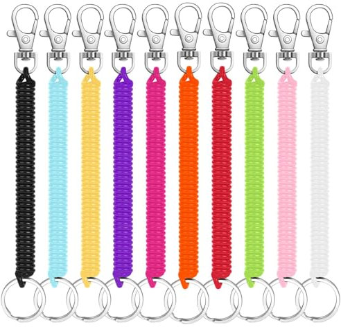 Porte-Clés à Ressorts à Spirale,10 Pack Extensible Porte-clés en Plastique Coloré Cordons de Pêche Rétractable Sangle en Spirale d'attache pour Clés Torch Pinces École 10 Couleurs