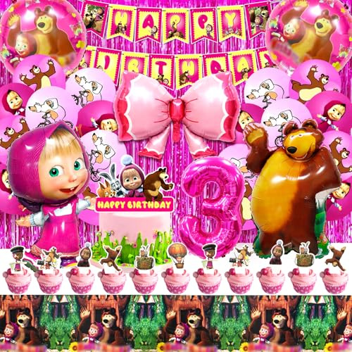 52 Pcs Mascha Geburtstag Deko 3, Mascha Luftballon 3, Mascha Deko, Mascha Party Set, Mascha Ballon Geburtstag, Mascha Geburtstagsdeko, Mascha Tischdecke, Luftballon Mädchen Mascha, Mascha Cake Topper