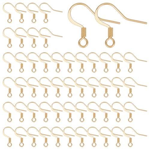 UNICRAFTALE About 100Pcs Real 18K Gold Plated Earrings Hook Stainless Steel Ear Wire with Loops Earwire Hooks Fish Hooks Flat Earring Hooks with Coil for DIY Earring Jewelry Making