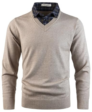 KTWOLEN Mens Jumper with Mock Shirt Collar Classic Casual Sweaters Pullover V-Neck Long Sleeve Knitwear Winter Warm Knitted Jumper Tops, Beige, XL