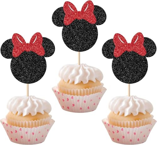 36 Stück Maus Inspiriert Tortendeko Glitzer Maus Cupcake Toppers mit Fliege für Baby Dusche Kinder Geburtstag Party Kuchen Dekorationen Schwarz Rot