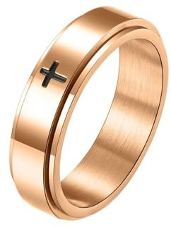 Calefee Bagues de Fiancaille Femme Or Rose Croix, Bague Anneau Spinner Inoxydable 6MM Alliance Mariage Gravee Taille 56.5