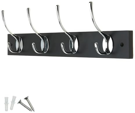 keypak Victorian Wall Mounted 4 Chrome Hooks Black Wooden Coat Rack | for Hanging Coats, Hats, Clothing, Scarfs, Wall Organiser, supplied with fixings