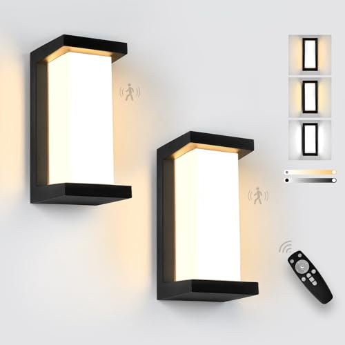 YindaLux 18W Aussenlampe mit Bewegungsmelder, LED Schwarz Wandleuchte Aussen mit Fernbedienung, IP65 Wasserdichte Modern Wandlampe Innen/Außen, 3000-6500K Dimmbar Außenleuchte für Garten, 2 Stück