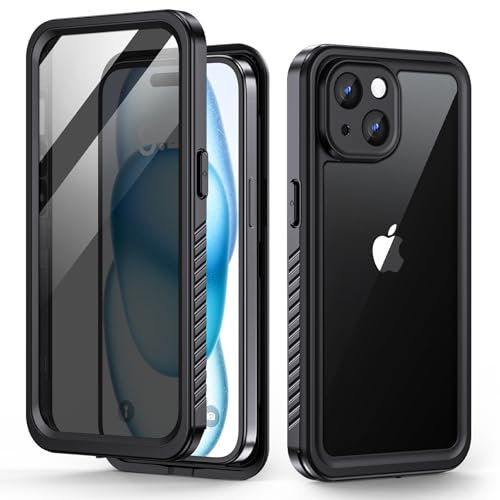 Lanhiem für iPhone 15 Hülle Sichtschutz, IP68 Wasserdicht Handyhülle iPhone 15 Case 360 Grad Ganzkörper Stoßfest Staubdicht Outdoor Panzerhülle mit Anti-Spähen Displayschutz, Schwarz