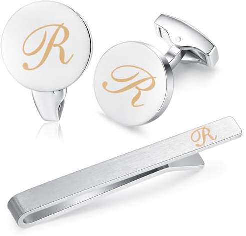 HONEY BEAR manschettenknöpfe & krawattennadel Krawattenklammer Set Initialen Buchstabe Herren Hochzeit Cufflinks Manschettenknopf Silber, 5.4cm