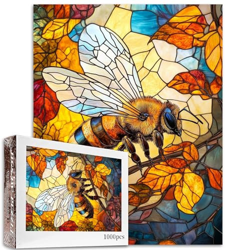 Tucocoo Puzzle 1000 Teile für Erwachsene, schöne Bienen-Glas-Stil, Hartfaser-Puzzle, herausforderndes Puzzle, perfekt für Spielabende, DIY-Wanddekoration, Kunst-Puzzle, Buntglas, Herbstbiene, 68,6 x
