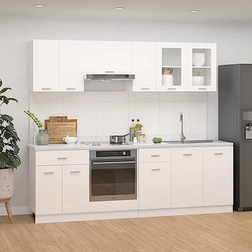 Willood Juego de Muebles de Cocina 8 Piezas Comedor Mobiliario Estante Armario Almacenaje Microondas Fregadero Lavavajilla Madera Contrachapada Blanco