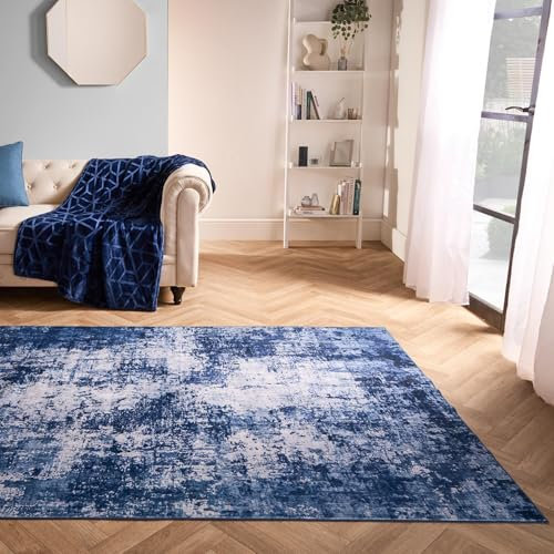 OHS Washable Living Room Rug, Soft & Comfortable Abstract Print in Rich Navy Tones, Ideal for Living Rooms, Entryways, Kitchens, 80x150cm Floor Rug - Navy
