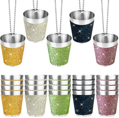 Stainless Steel Shot Glass Necklaces 1 oz/30 ml Bling Bling Shot Glasses with Chains Mini Shot Glass Cups for Wedding Dance Party Christmas Carnival Wine Tasting Party (5 Colors, 30 Pcs)