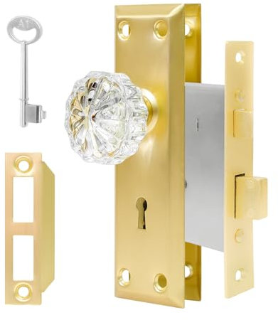 Mortise Lock Set for Interior Door - Vintage Crystal Glass Door Knobs with Skeleton Key & Polished Gold/Brass Finish