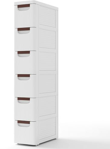 COSTWAY Nischenschrank schmal mit Rollen, Nischenregal 20cm breit, Nischenwagen mit 6 Schubladen, Badrollwagen für Bad, Klassenzimmer, Studio & Salon, Weiß, 42 x 19 x 109 cm
