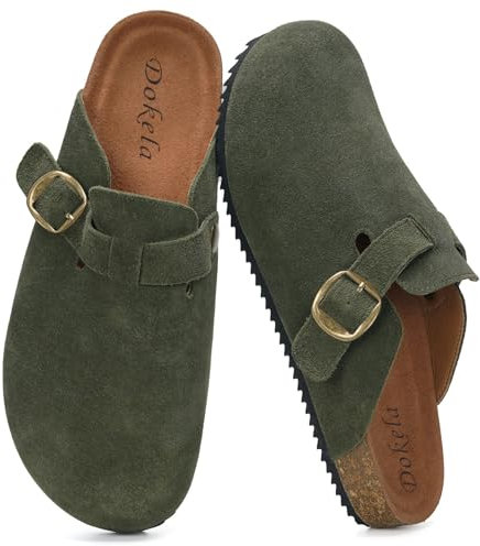 Zuecos y Mules Hombre Mujer Zapatillas Casa Cómodas Pantuflas de Piel con Plantilla de Corcho Zapatos Antideslizante, Verde Militar, 40 EU