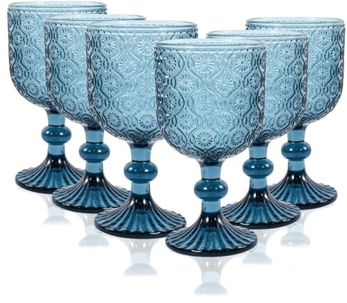 CHLJAR Farbiges Weinglas-Set mit 6 Stück, 14 oz blaue Kelchgläser, blaues Vintage-Glasgeschirr für Hochzeiten, Partys, Restaurants, Familienfeiern, Bars, Cafeterias, spülmaschinenfest (A-Blau)