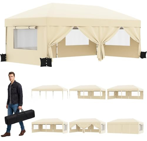 TRIUMPHKEY Pop Up Faltpavillon Fenster mit Netz Belüftung, Pavillon 3x6m Wasserdicht Stabil Winterfest, Faltbar Partyzelt Gartenzelt Gartenpavillon, Beige
