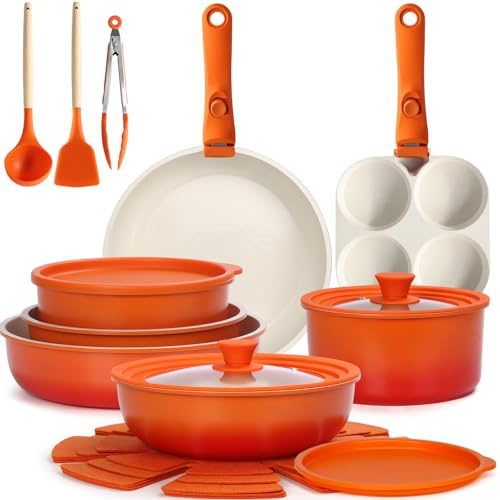GiPP 21 Pezzi Set di Padelle Antiaderenti, Manici Rimovibili, Arancione | Adatta per Induzione,Gas,Ceramica,Elettrico, Alluminio,Cucina Sana per Camper,Senza Tossine, Compatibile Forno/Lavastoviglie
