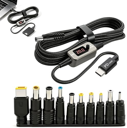 Lumoryx Cable Adaptador USB C a DC 100W PD con 10 Conectores | Voltaje Ajustable 5V 9V 12V 15V 20V, Pantalla LED y Cable Trenzado de 1 M para Portátil, Router, Cámara y Altavoz