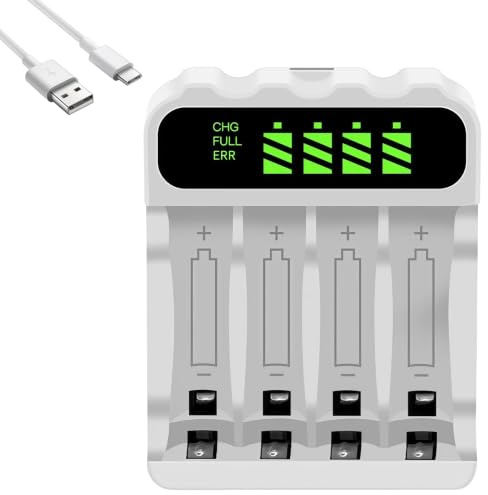 Intelligentes Batterieladegerät AA AAA Akku Ladegerät mit USB Ladekabel | 4 Einzelne Steckplätze für wiederaufladbare NiMH-Batterien, mit LCD Anzeige, Akkuladegerät DC 5V 2A