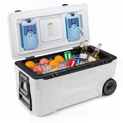 COSTWAY Kühlbox, Große Thermobox aus Kunststoff mit Rollen & Griff, Isolierbox mit Ablaufstopfen, Getränkehalter & Sicherheitsverschluss, tragbarer Kühlschrank für Camping & Picknick