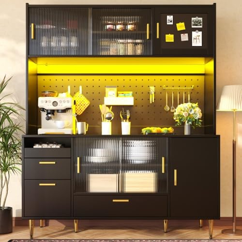 Buffet de Cuisine Haute 140x40x180 cm, Meuble de Rangement avec Éclairage LED Intelligent et Panneau Perforé DIY, Armoire de Cuisine avec Portes Coulissantes en Verre et Tiroirs, Design Noir et Or