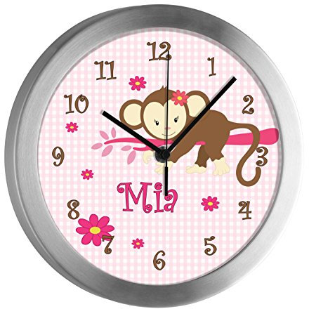 CreaDesign Kinder Funkwanduhr mit (Wunsch) Namen | Kinderzimmer Funkuhr| mit Analog ? Ziffernblatt | geräuscharm | Wanduhr Kind | Motiv AFFE hängend