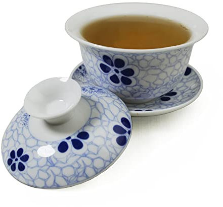 Yxhupot Gaiwan Chinese Sancai 4oz Tureen Tray Blue White Cup Tea Set Bowl Saucer Lid (B)