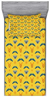 ABAKUHAUS Känguru Buntes Spannbetttuch- und Kissen-Set, Aboriginal Art Boomerang, dekoratives und bedrucktes 2-teiliges Bettwäscheset, 120 cm x 190 cm, Mehrfarbig