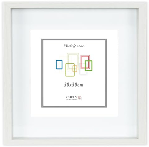CHELY INTERMARKET MOD3503 Marco Profundidad Madera Haya 30x30cm Interior 20x20cm Vidrio Paspartú Decorativo Cuadro Objetos Recuerdo Decoración Moderna Estilo Elegante 1 Unidad Blanco