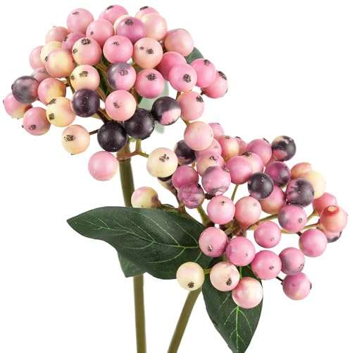 FiveSeasonStuff Real Touch Artificial Holly Berries Flower Arrangements, Christmas Wreath Decorations 2 Stems (Blush Violet)