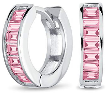 Orecchini a cerchio Huggie Kpop classici da sposa con taglio baguette CZ incastonati a canale per donne e uomini, simulato tormalina rosa zirconia cubica in argento sterling .925
