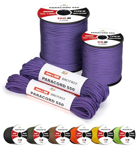 Brotree 4mm Paracord 550 15M 100% Nylon Rope 7 Strands Type III Parachute Cord for Outdoor and DIY - 250kg Breaking Load (Purple)