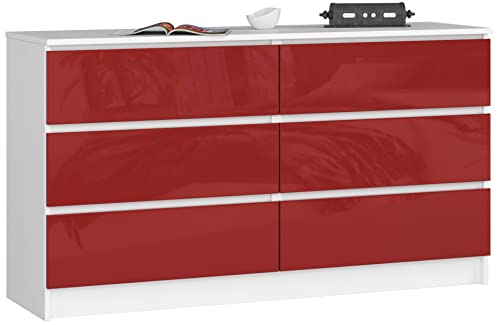 AKORD Kommode K-140 mit 6 (2 x 3) Schubladen | für das Wohnzimmer Schlafzimmer Schrank Büro Arbeitszimmer | Modernes Funktionales Design | B138 x H77 x T40 cm, Gewicht 51kg | Weiß/Rot Glänzend