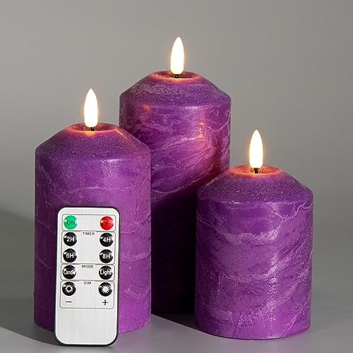 Eywamage Purple Flameless Pillar Candles with Remote, Real Wax Flickering LED Battery Christmas Candles 3 Pack