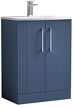 nuie DPF325G Deco Modern Bathroom Floor Standing 2 Door Part Fluted Vanity Basin Unit with Curved Ceramic Basin, 600mm, Satin Blue
