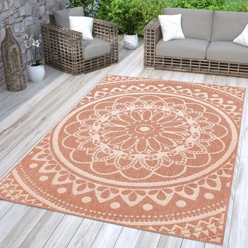 TT Home In-& Outdoorteppich Wetterfest Garten Orientalisches Marokkanisches Boho Design, Farbe: Weiß Orange, Größe:160x220 cm