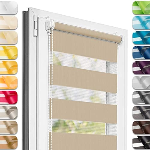 Estika Doppelrollo Klemmfix ohne Bohren - 140 cm x 120 cm - Sandstrand - 27 Stofffarben, Tag und Nacht Duo Rollo, Rollos für Fenster ohne Bohren, Fenster Sichtschutz (140 cm Stoffbreite)