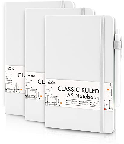 feela Notizbücher, Tagebücher, Hardcover, Notizbuch, klassisch, liniert, mit Stifthalter, für Arbeit, Business, Journaling, Notizen, mit 3 schwarzen Stiften, 120 g/m², 13 x 21 cm, A5, Weiß, 3 Stück
