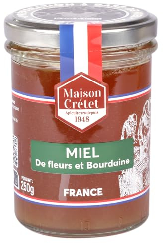 Maison Crétet | Miel de france fleurs et bourdaine | Miel non pasteurisé | 100% naturel | pot verre 250g