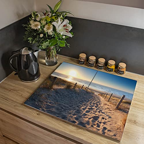 banjado® Herdabdeckplatte Glas 2-teilig 80x52 cm/Schneidebrett Herdabdeckung mit Motiv Nordseestrand/Herdabdeckplatten Ceranfeld 2teilig / Schneidebrett Glas individuell einsetzbar