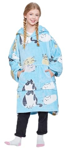 Catalonia Classy Übergroße Fleece Hoodie Decke, Weiche und Warme Decken Hoodie Kinder, Tragbare Decke with Großer Fronttasche für Teenager, Mädchen und Jungen, Weihnachtsgeschenke, Blaue Katze