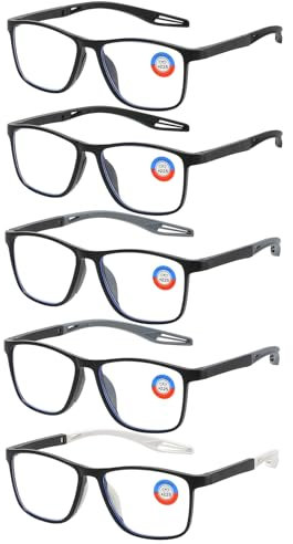 Cleoxyge Lesebrille 5 Stück Blaulichtfilter Brille Rechteck Anti Schwindlig/Augenbelastung/UV Für Damen und Herren Leicht Brillen (2*Schwarz+2*Graue+1*Weiß, 0.0, Dioptrien)