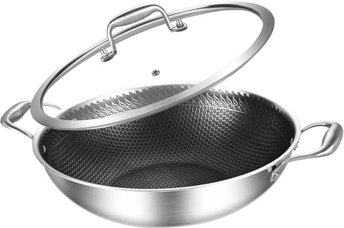DELARLO Stainless Steel 13 Inch Wok with Lid - Tri-Ply Nonstick Wok & Stir-Fry Pan, 5.5QT Deep Frying Pan, Induction Compatible